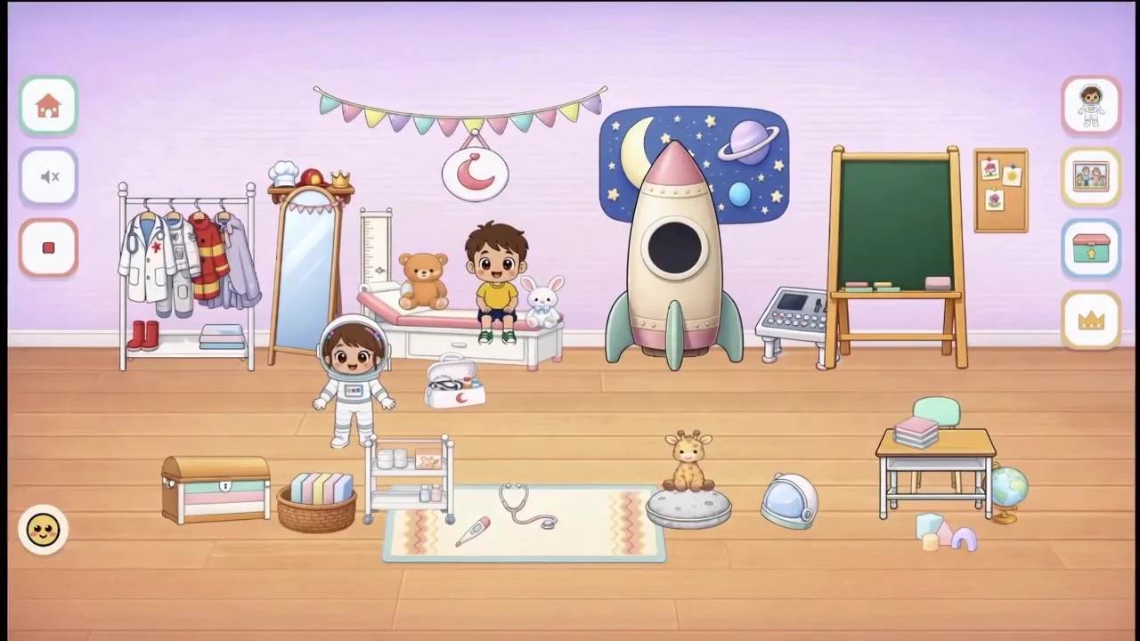 Aya World gameplay showing a dress-up corner, rocket and character controls