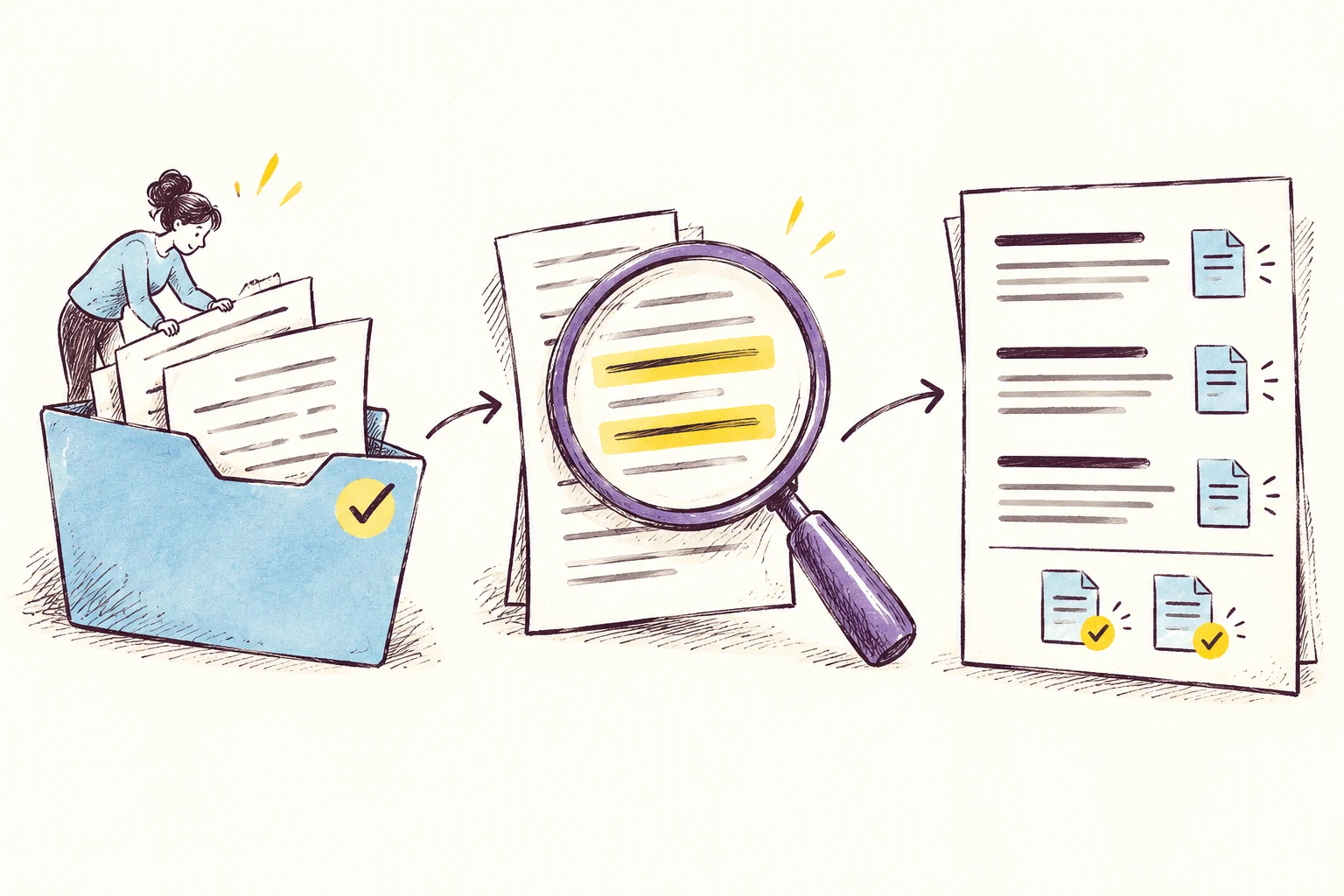 A researcher searches approved documents for relevant passages, leading to an answer with source references