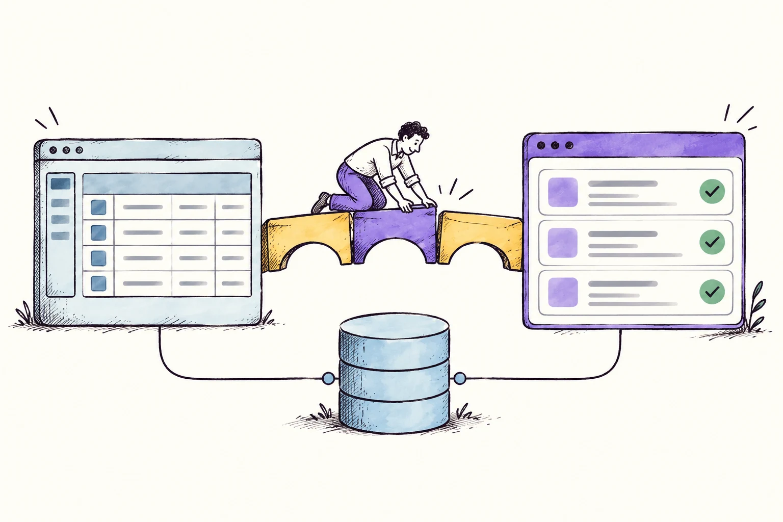 An existing system and its replacement connected through a staged migration with shared data